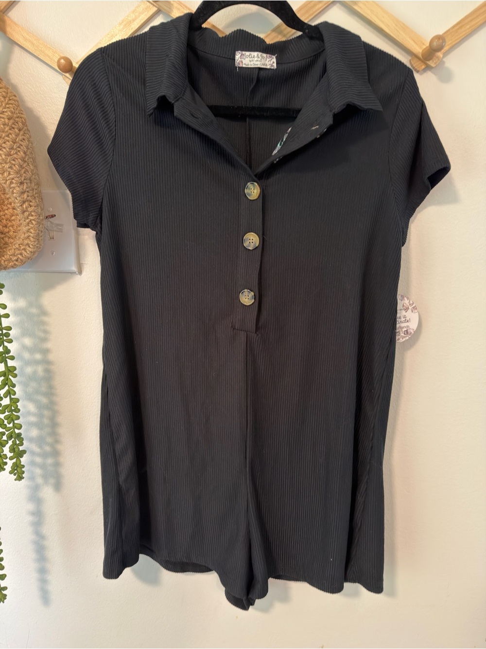 Black Ribbed Polo Short-Sleeve Romper by Unbranded